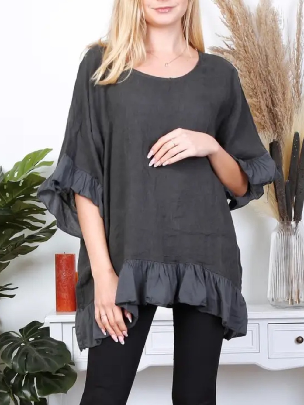 Suzy D London Oversized Linen Flounce Tunic Top Ruffle Sleeve & Hem Medium/Large